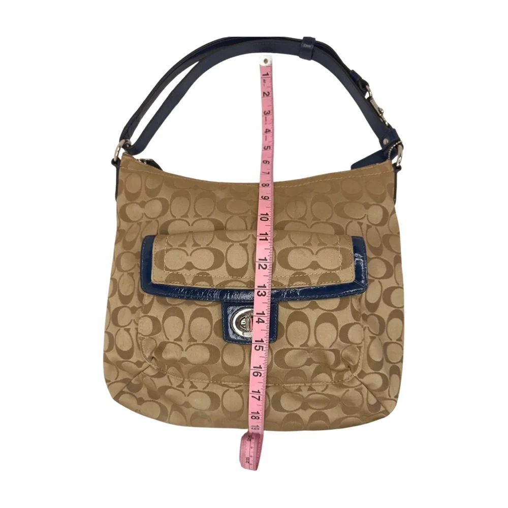 Coach 2012 Signature Jacquard Shoulder Bag Blue Leather Trim Turnlock F12699
